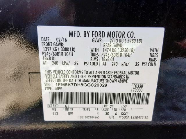 Photo 10 from auction – 2016 FORD EXPLORER X with VIN 1FM5K7DH8GGC20329