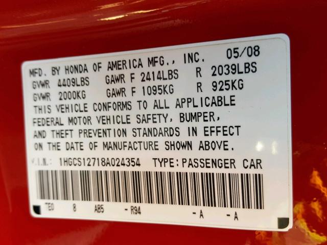 Photo 10 from auction – 2008 HONDA ACCORD EX with VIN 1HGCS12718A024354
