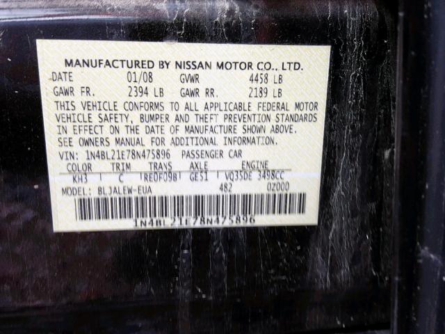Photo 10 from auction – 2008 NISSAN ALTIMA 3.5 with VIN 1N4BL21E78N475896
