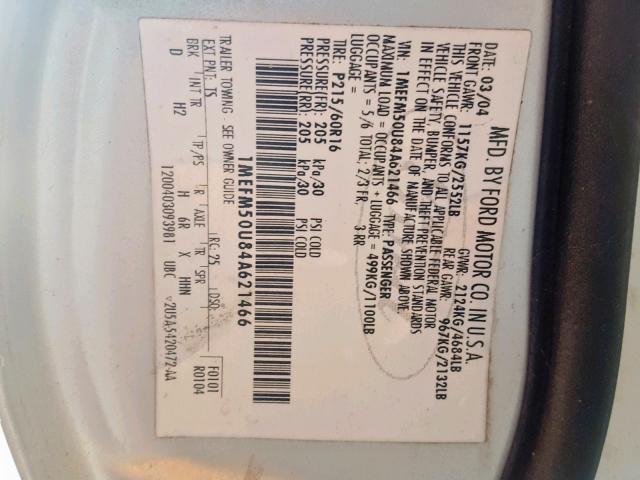 Photo 10 from auction – 2004 MERCURY SABLE GS with VIN 1MEFM50U84A621466