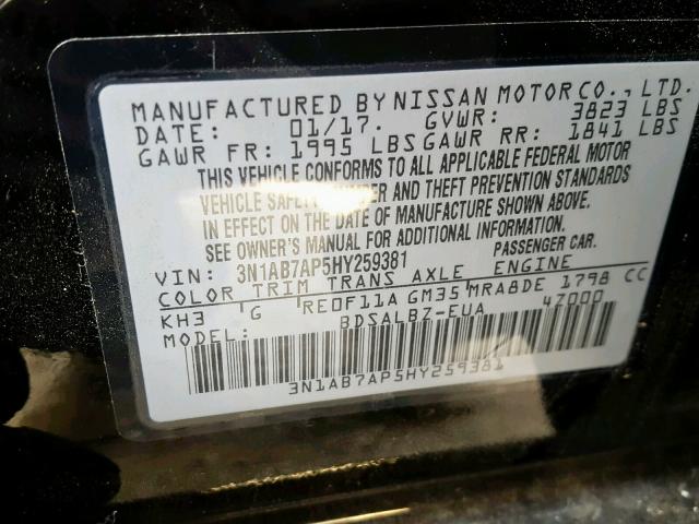 Photo 10 from auction – 2017 NISSAN SENTRA with VIN 3N1AB7AP5HY259381