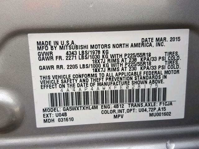 Photo 10 from auction – 2015 MITSUBISHI OUTLANDER with VIN 4A4AP4AWXFE028175