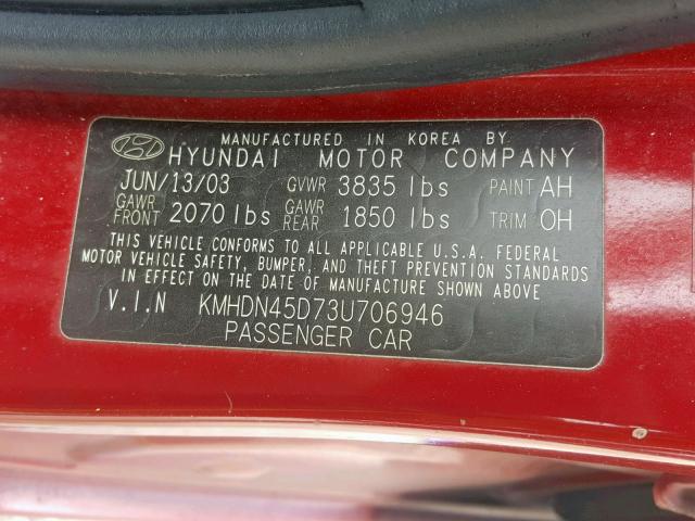 Photo 10 from auction – 2003 HYUNDAI ELANTRA GL with VIN KMHDN45D73U706946