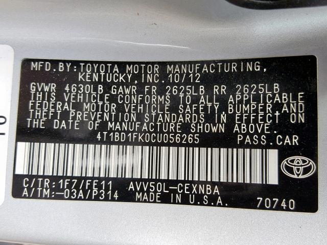Photo 10 from auction – 2012 TOYOTA CAMRY HYBR with VIN 4T1BD1FK0CU056265