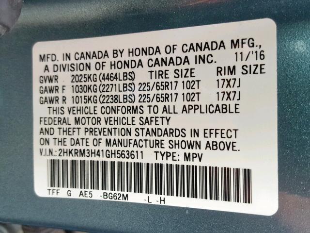 Photo 10 from auction – 2016 HONDA CR-V SE with VIN 2HKRM3H41GH563611