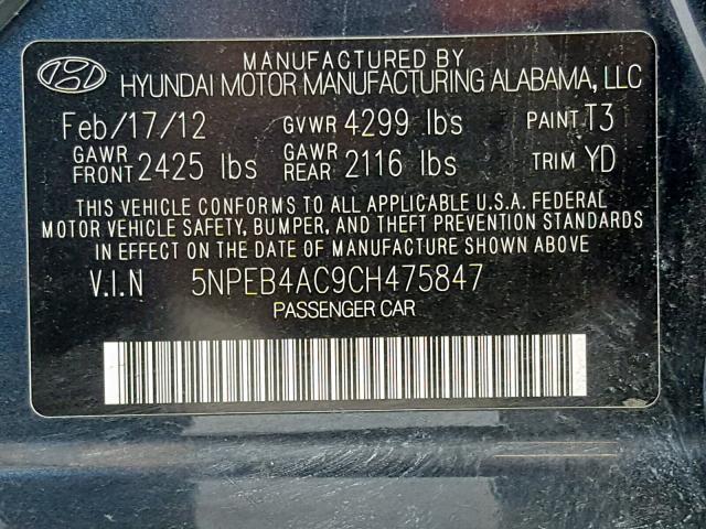 Photo 10 from auction – 2012 HYUNDAI SONATA GLS with VIN 5NPEB4AC9CH475847