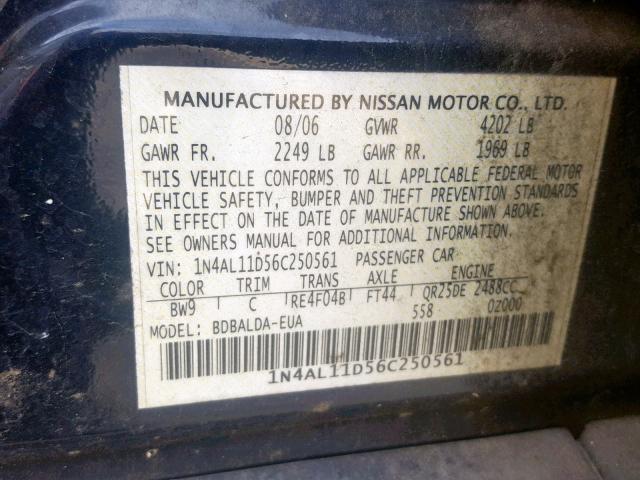 Photo 10 from auction – 2006 NISSAN ALTIMA S with VIN 1N4AL11D56C250561