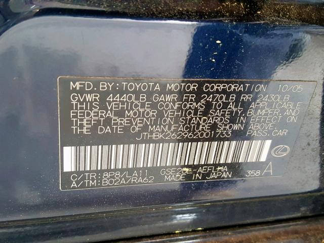Photo 10 from auction – 2006 LEXUS IS 250 with VIN JTHBK262962001733