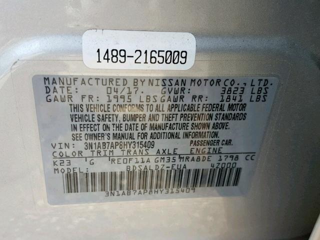Photo 10 from auction – 2017 NISSAN SENTRA S with VIN 3N1AB7AP8HY315409