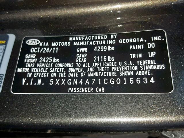 Photo 10 from auction – 2012 KIA OPTIMA EX with VIN 5XXGN4A71CG016634