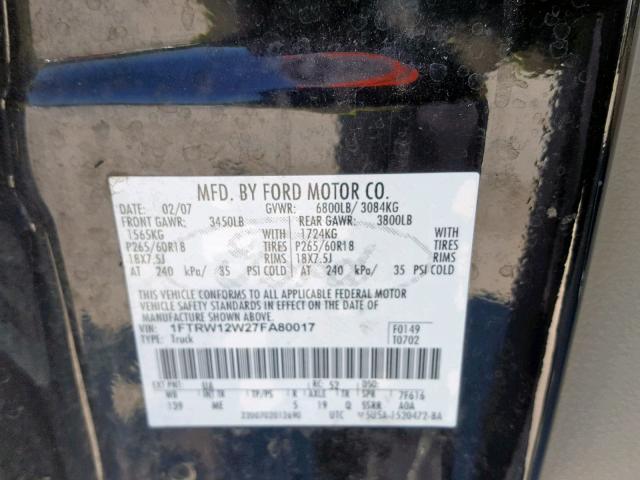 Photo 10 from auction – 2007 FORD F150 SUPER with VIN 1FTRW12W27FA80017