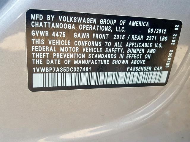 Photo 10 from auction – 2013 VOLKSWAGEN PASSAT SE with VIN 1VWBP7A35DC027461