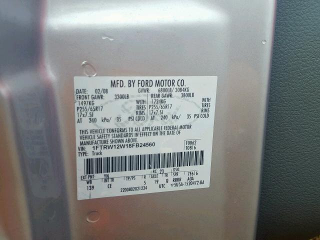 Photo 10 from auction – 2008 FORD F150 SUPER with VIN 1FTRW12W18FB24560