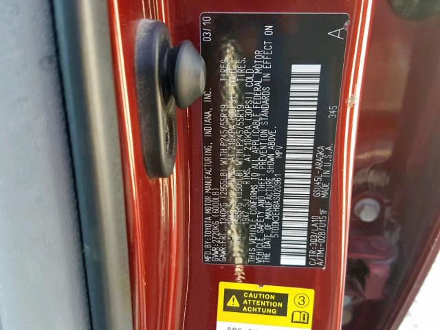 Photo 10 from auction – 2010 TOYOTA HIGHLANDER with VIN 5TDDK3EH8AS020961