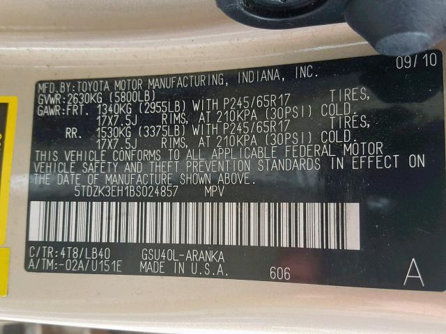 Photo 10 from auction – 2011 TOYOTA HIGHLANDER with VIN 5TDZK3EH1BS024857