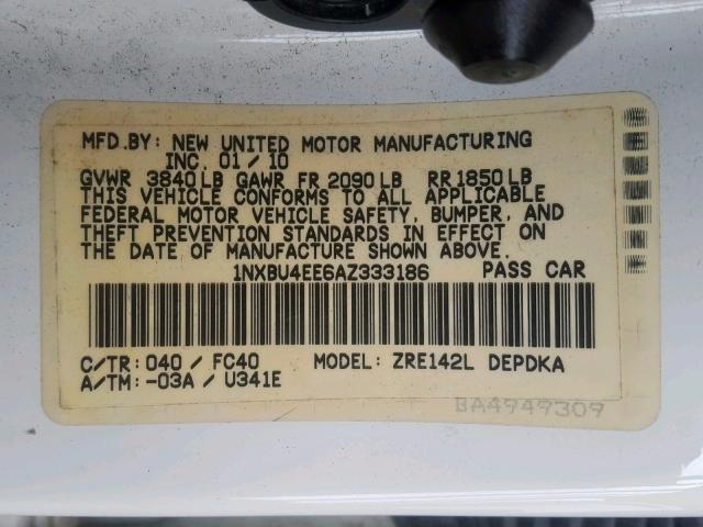 Photo 10 from auction – 2010 TOYOTA COROLLA BA with VIN 1NXBU4EE6AZ333186