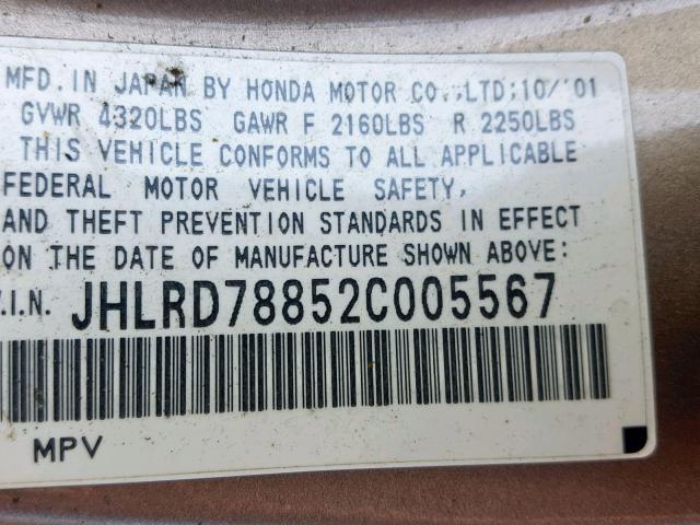 Photo 10 from auction – 2002 HONDA CR-V EX with VIN JHLRD78852C005567