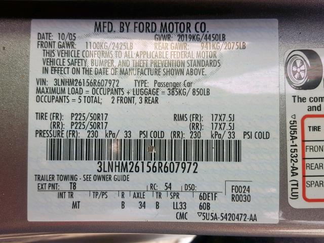Photo 10 from auction – 2006 LINCOLN ZEPHYR with VIN 3LNHM26156R607972