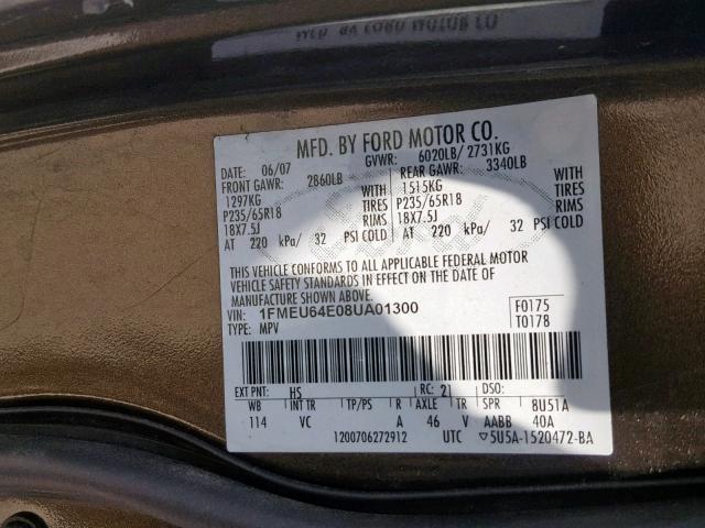 Photo 10 from auction – 2008 FORD EXPLORER E with VIN 1FMEU64E08UA01300