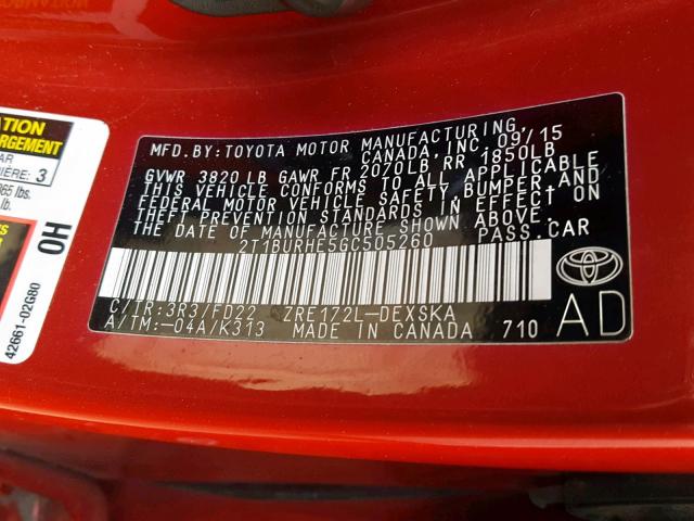 Photo 10 from auction – 2016 TOYOTA COROLLA L with VIN 2T1BURHE5GC505260