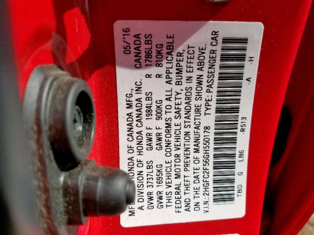 Photo 10 from auction – 2016 HONDA CIVIC LX with VIN 2HGFC2F56GH550178