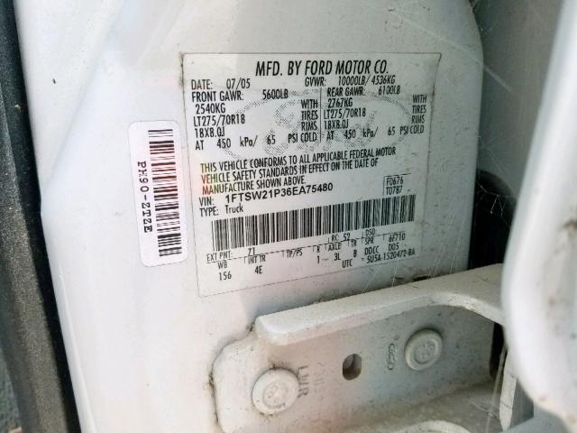Photo 10 from auction – 2006 FORD F250 SUPER with VIN 1FTSW21P36EA75480