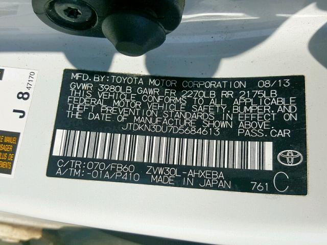 Photo 10 from auction – 2013 TOYOTA PRIUS with VIN JTDKN3DU7D5684613