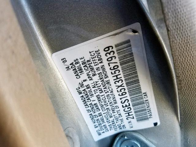 Photo 10 from auction – 2003 HONDA CIVIC LX with VIN 2HGES165X3H567939