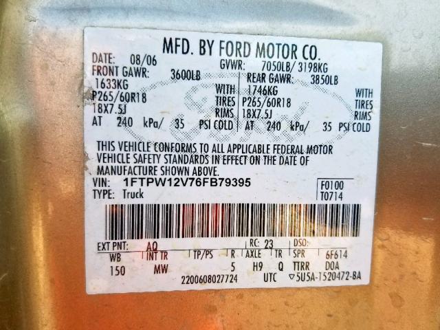 Photo 10 from auction – 2006 FORD F150 SUPER with VIN 1FTPW12V76FB79395
