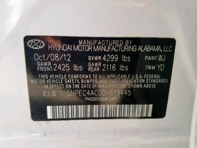 Photo 10 from auction – 2013 HYUNDAI SONATA SE with VIN 5NPEC4AC0DH619445