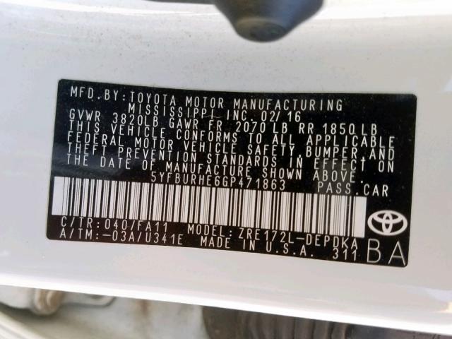 Photo 10 from auction – 2016 TOYOTA COROLLA L with VIN 5YFBURHE6GP471863
