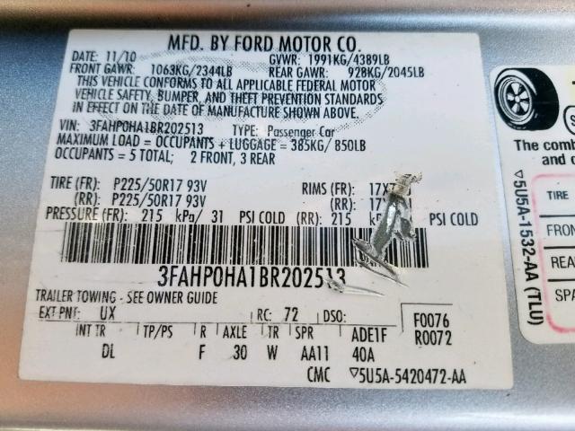 Photo 10 from auction – 2011 FORD FUSION SE with VIN 3FAHP0HA1BR202513