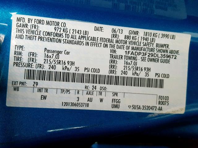 Photo 10 from auction – 2013 FORD FOCUS SE with VIN 1FADP3F29DL359672