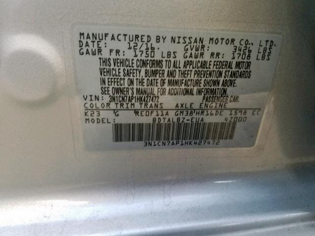 Photo 10 from auction – 2017 NISSAN VERSA S with VIN 3N1CN7AP1HK427472