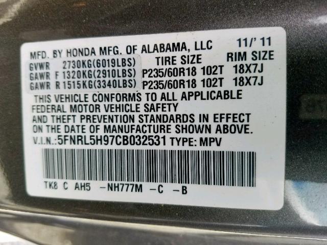 Photo 10 from auction – 2012 HONDA ODYSSEY TO with VIN 5FNRL5H97CB032531