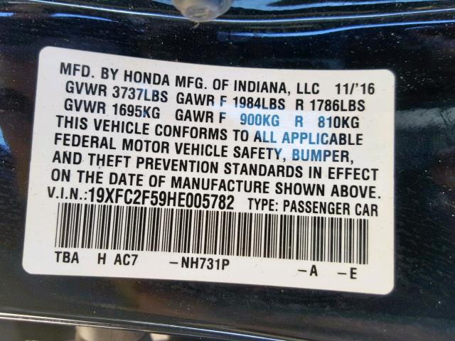 Photo 10 from auction – 2017 HONDA CIVIC LX with VIN 19XFC2F59HE005782