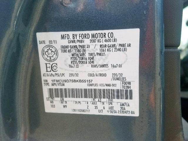 Photo 10 from auction – 2011 FORD ESCAPE XLT with VIN 1FMCU9D75BKB55157