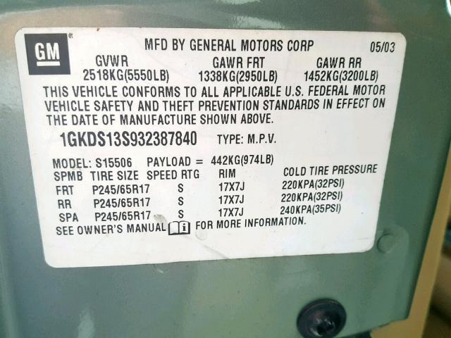 Photo 10 from auction – 2003 GMC ENVOY with VIN 1GKDS13S932387840