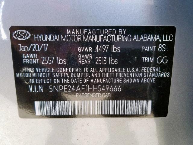 Photo 10 from auction – 2017 HYUNDAI SONATA SE with VIN 5NPE24AF1HH549666