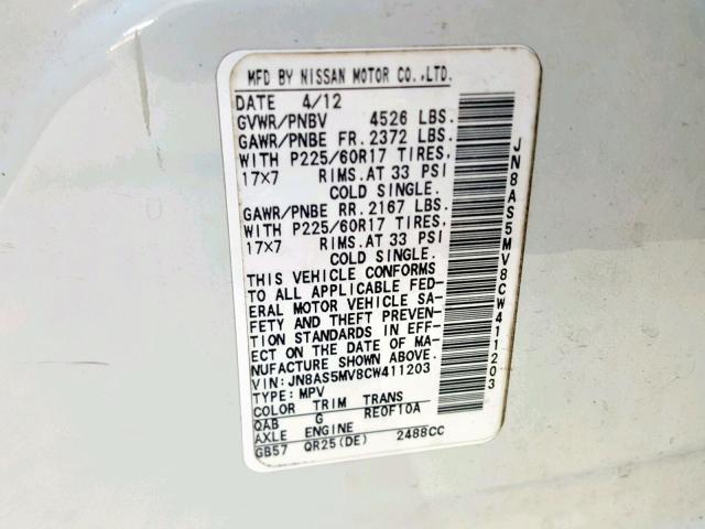 Photo 10 from auction – 2012 NISSAN ROGUE S with VIN JN8AS5MV8CW411203