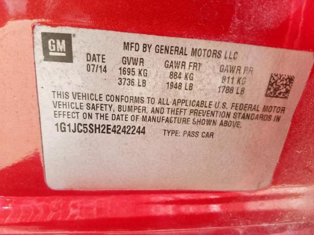 Photo 10 from auction – 2014 CHEVROLET SONIC LT with VIN 1G1JC5SH2E4242244