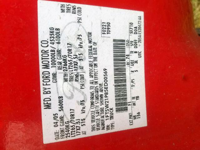 Photo 10 from auction – 2005 FORD F250 SUPER with VIN 1FTSW21P85ED00569