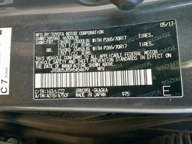 Photo 10 from auction – 2017 TOYOTA 4RUNNER SR with VIN JTEBU5JR5H5454679