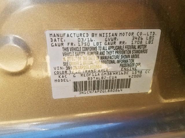 Photo 10 from auction – 2016 NISSAN VERSA S with VIN 3N1CN7AP2GL880864