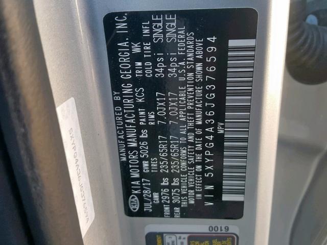 Photo 10 from auction – 2018 KIA SORENTO LX with VIN 5XYPG4A36JG376594