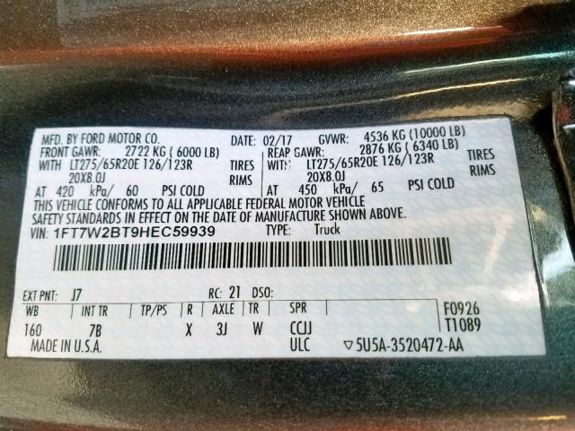 Photo 10 from auction – 2017 FORD F250 SUPER with VIN 1FT7W2BT9HEC59939