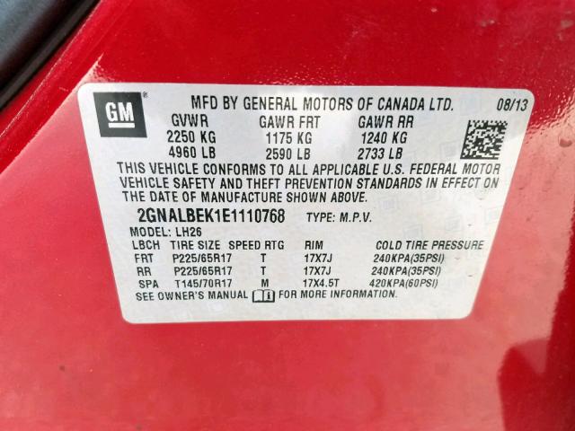 Photo 10 from auction – 2014 CHEVROLET EQUINOX LT with VIN 2GNALBEK1E1110768