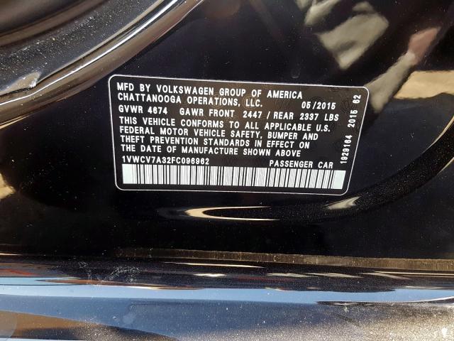 Photo 10 from auction – 2015 VOLKSWAGEN PASSAT SEL with VIN 1VWCV7A32FC096962