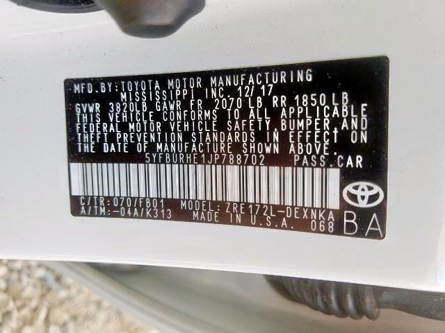 Photo 10 from auction – 2018 TOYOTA COROLLA L with VIN 5YFBURHE1JP788702