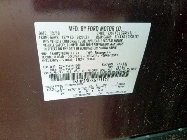 Photo 10 from auction – 2019 FORD TAURUS LIM with VIN 1FAHP2F82KG111124